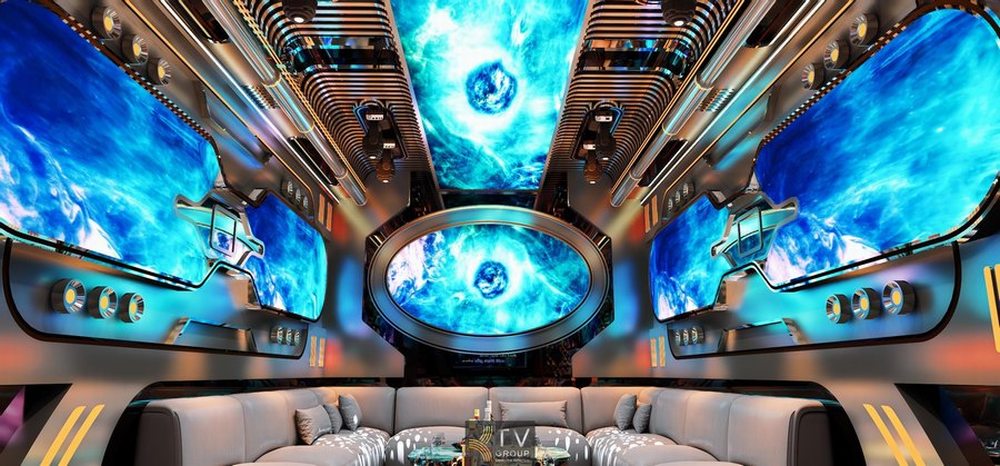 Mẫu phòng karaoke KTV hiện đại với hệ thống ánh sáng LED nổi bật và nội thất cao cấp trong dự án thiết kế thi công karaoke trọn gói. 