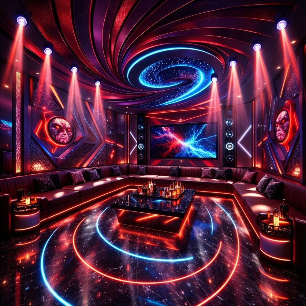 Thiết kế phòng karaoke sang trọng với ánh sáng LED nhiều lớp, trần trang trí nghệ thuật và hệ thống âm thanh chất lượng trong giải pháp thi công karaoke trọn gói chuyên nghiệp. 