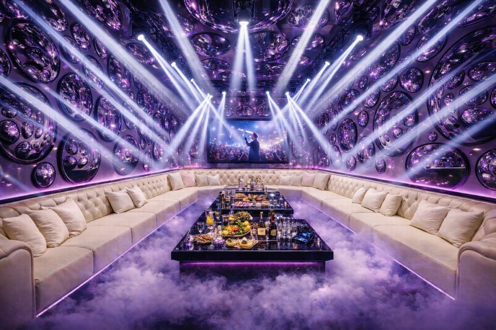 Thiết kế phòng karaoke KTV phong cách hiện đại với hệ thống ánh sáng LED trang trí và nội thất sang trọng trong dịch vụ thi công karaoke trọn gói kèm hỗ trợ PCCC. 