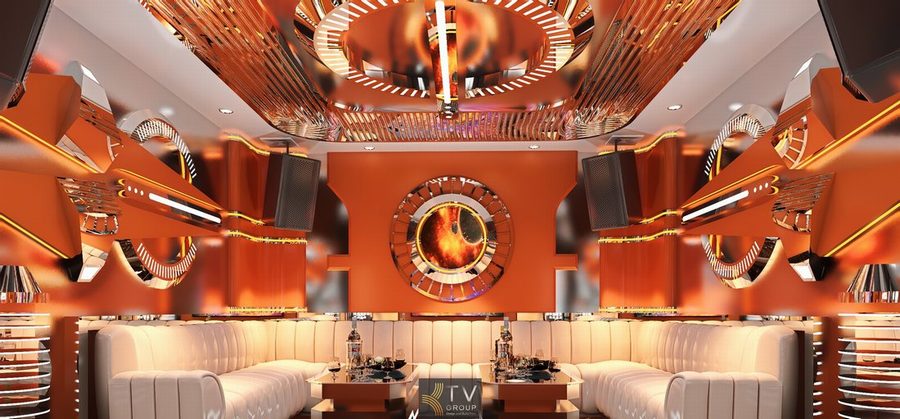 Thiết kế phòng karaoke VIP tone cam sang trọng với trần kim loại độc đáo 
