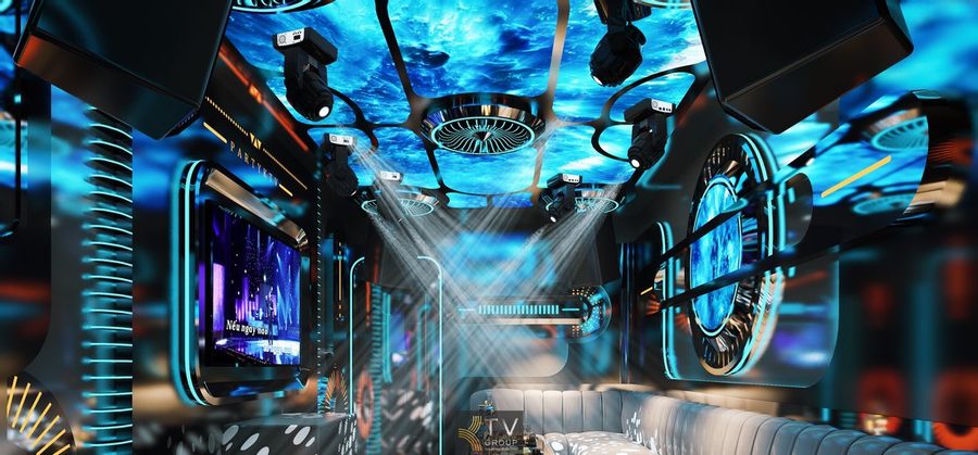Thi công phòng karaoke trọn gói với thiết kế hiện đại, bố trí bàn ghế khoa học, ánh sáng LED chạy tường tạo chiều sâu không gian và tăng trải nghiệm khách 