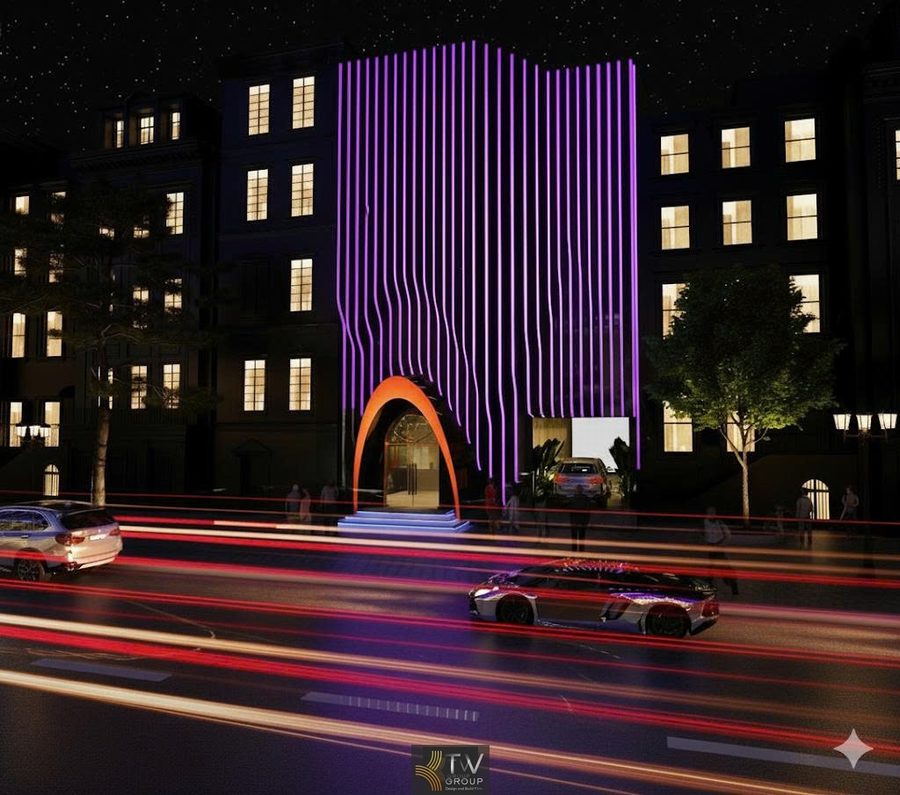 Mặt tiền karaoke thiết kế hiện đại với bảng hiệu LED nổi bật, ánh sáng tím xanh thu hút, phong cách futuristic ấn tượng, giúp tăng nhận diện thương hiệu và thu hút khách hàng hiệu quả vào ban đêm 