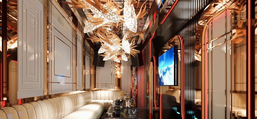 Thiết kế phòng karaoke VIP với đèn trần nghệ thuật ánh kim sang trọng 