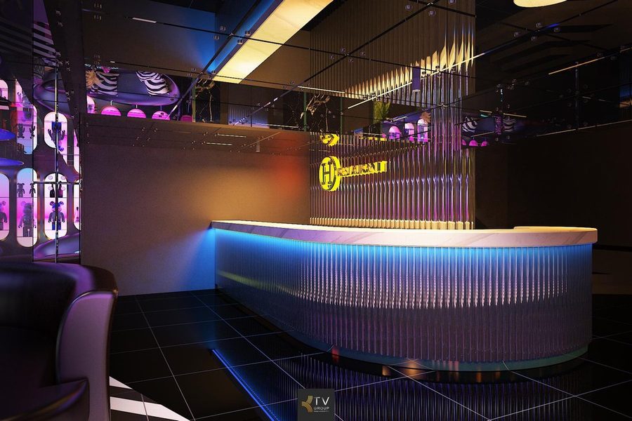 Thiết kế quầy lễ tân karaoke hiện đại với ánh sáng LED xanh tím nổi bật 