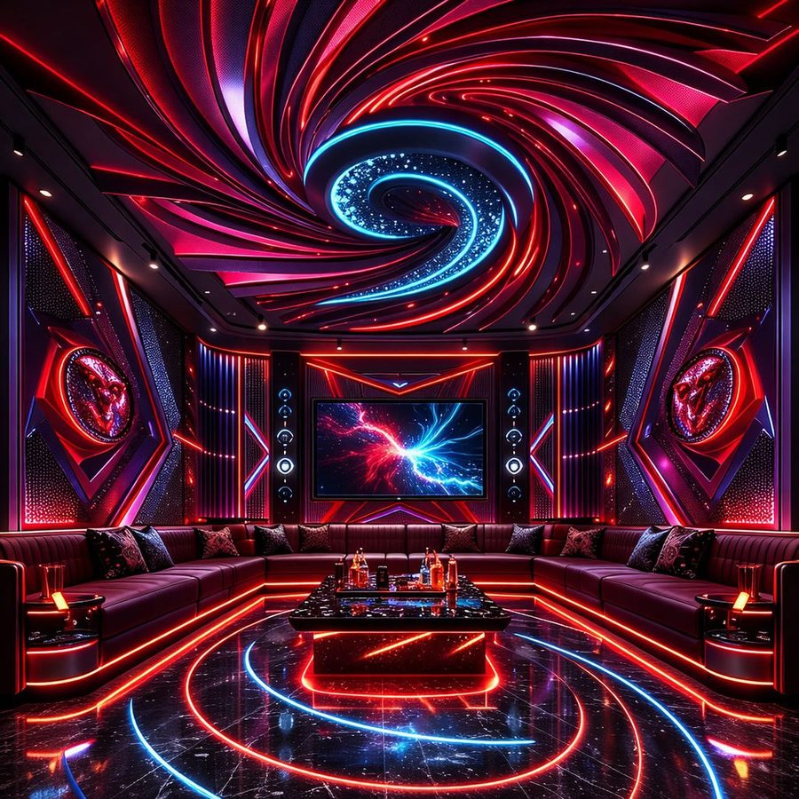 Thiết kế phòng karaoke cao cấp ánh sáng LED xoáy trần hiện đại độc đáo 