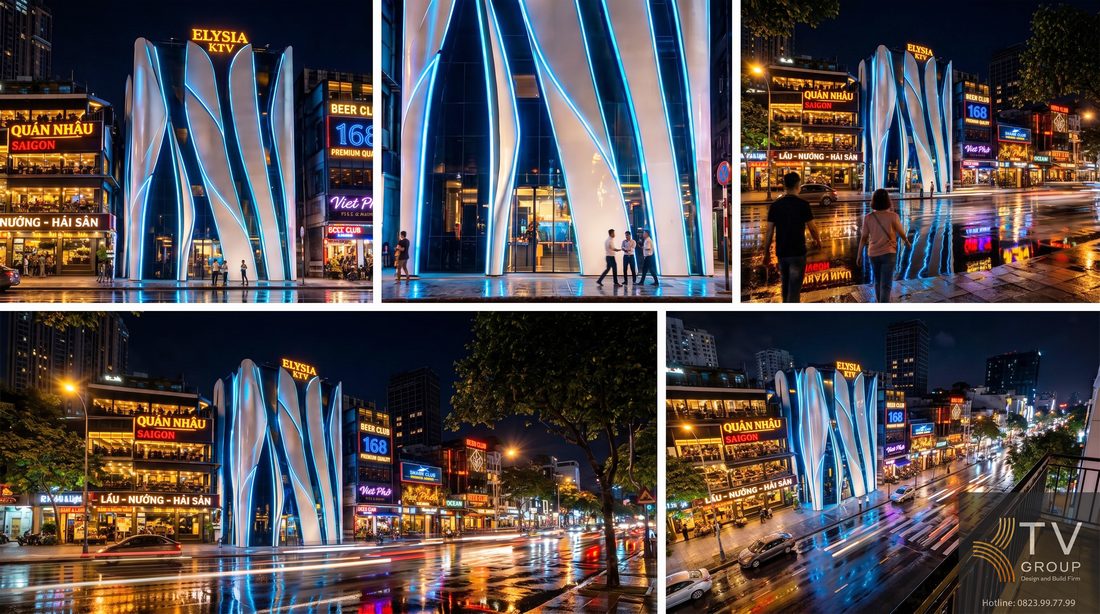 Thiết kế mặt tiền karaoke KTV phong cách futuristic với hệ LED đổi màu chạy theo đường cong kiến trúc. Công trình nổi bật giữa khu ẩm thực và nightlife, ánh sáng phản chiếu trên mặt đường tạo hiệu ứng thị giác ấn tượng, giúp tăng nhận diện thương hiệu và thu hút khách hàng hiệu quả. 