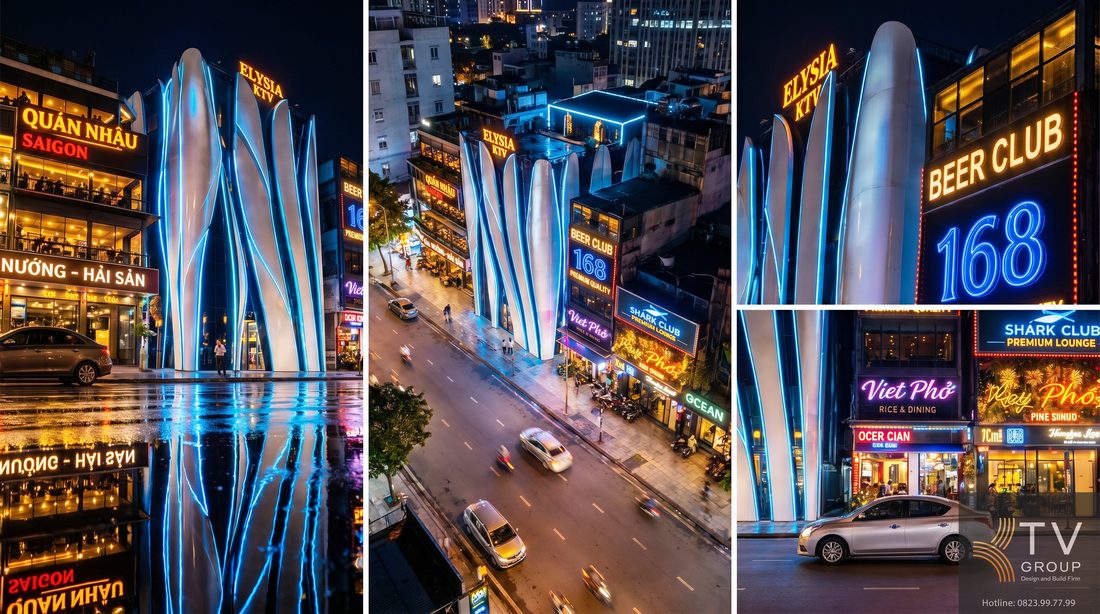 Mặt tiền karaoke Elysia KTV thiết kế hiện đại với hình khối uốn lượn và hệ đèn LED nổi bật, tạo không gian giải trí sang trọng giữa khu phố sầm uất, giúp tăng khả năng nhận diện và thu hút khách về đêm.
