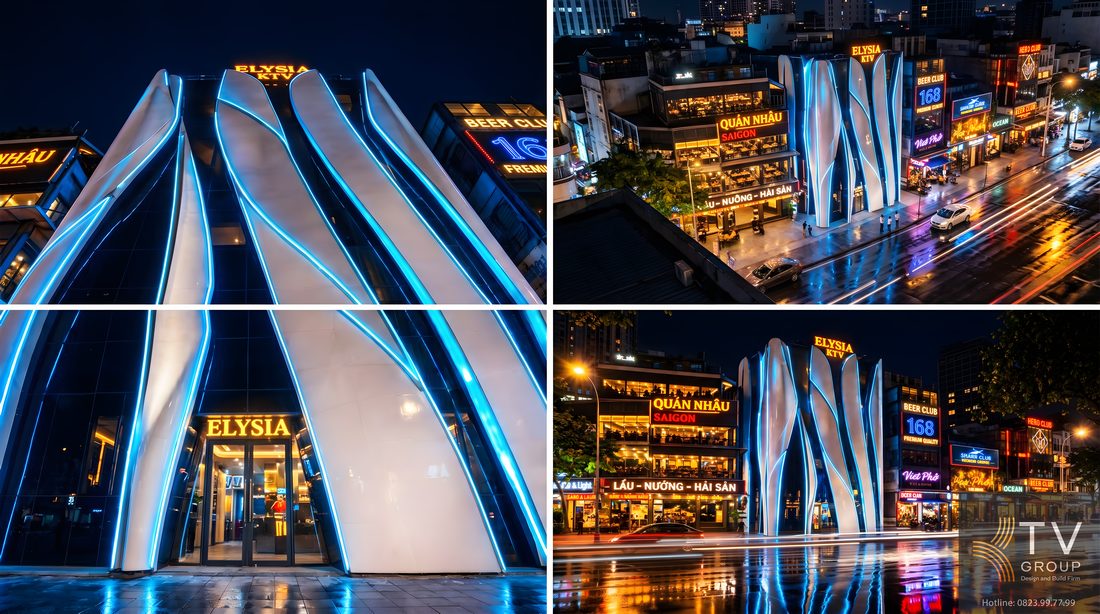Mặt tiền karaoke KTV phong cách futuristic với hệ LED đổi màu chạy theo đường cong kiến trúc hiện đại. Công trình nổi bật giữa khu nightlife và ẩm thực, ánh sáng phản chiếu trên mặt đường tạo hiệu ứng thị giác mạnh, giúp tăng nhận diện thương hiệu và thu hút khách hàng hiệu quả. 
