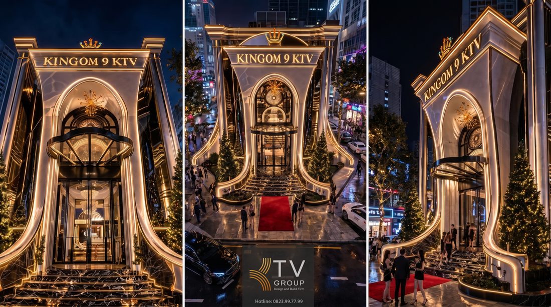 mặt tiền karaoke kinggom 9 ktv luxury 2026 thiết kế tân cổ điển kết hợp led hiện đại ánh sáng vàng sang trọng kiến trúc uốn cong nổi bật thu hút khách hàng 