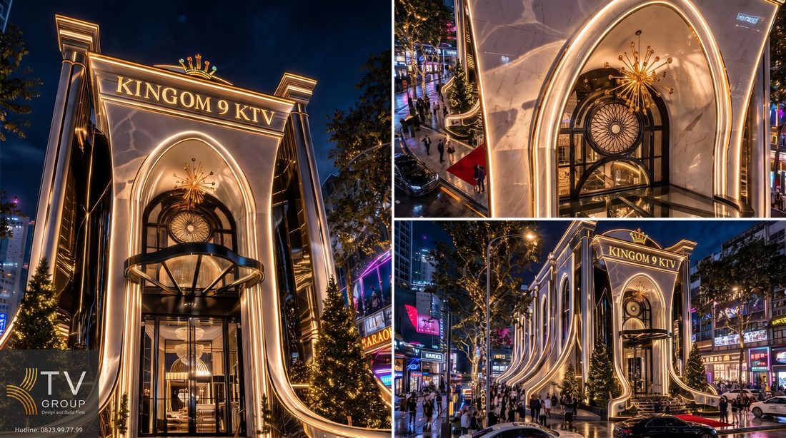 mặt tiền kinggom 9 ktv karaoke luxury 2026 kiến trúc tân cổ điển vòm cao led vàng sang trọng thiết kế nổi bật thu hút khách hàng ban đêm