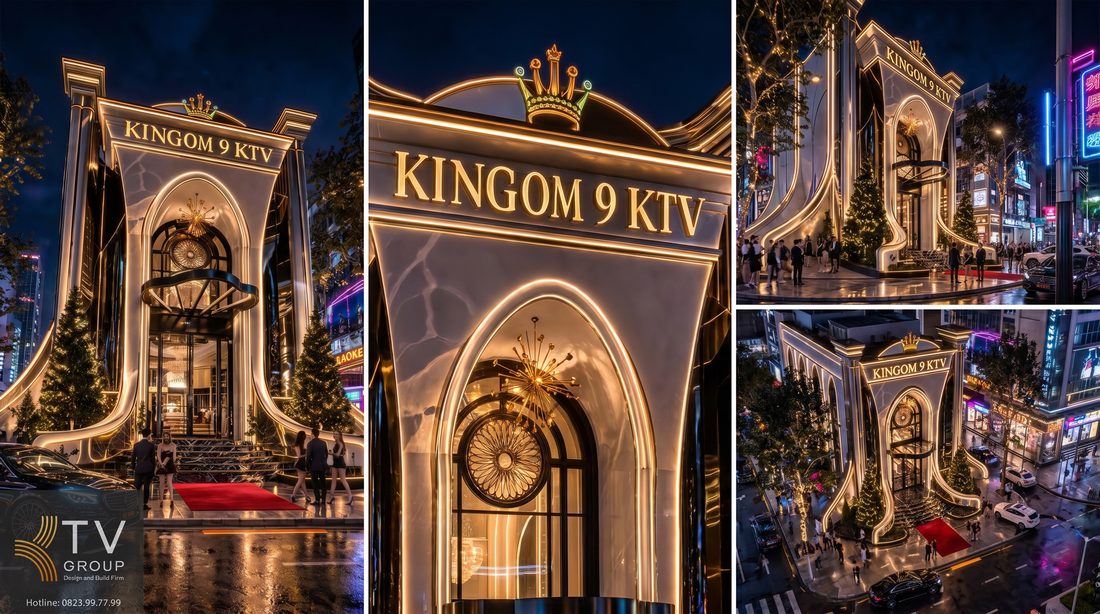 Mặt tiền KINGDOM 9 KTV thiết kế thi công tân cổ điển với hệ đèn LED vàng, kiến trúc vòm lớn và chi tiết trang trí cao cấp, mang đến không gian giải trí sang trọng, nổi bật và thu hút khách hàng về đêm. 