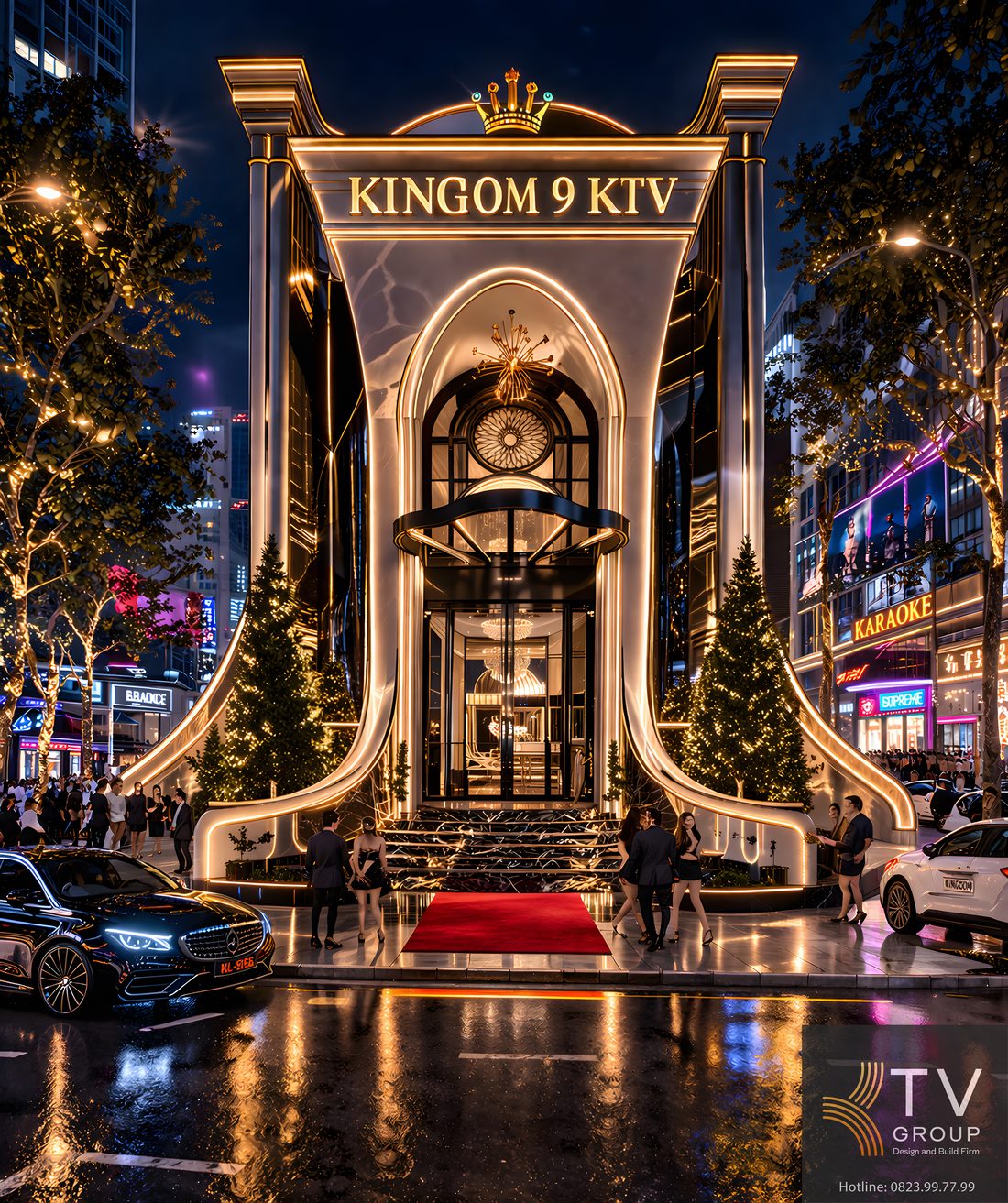 Mặt tiền KINGDOM 9 KTV thiết kế thi công cao cấp với kiến trúc vòm lớn, đèn LED vàng nổi bật và không gian sang trọng, tạo điểm nhấn ấn tượng giữa phố đêm và thu hút khách hiệu quả 