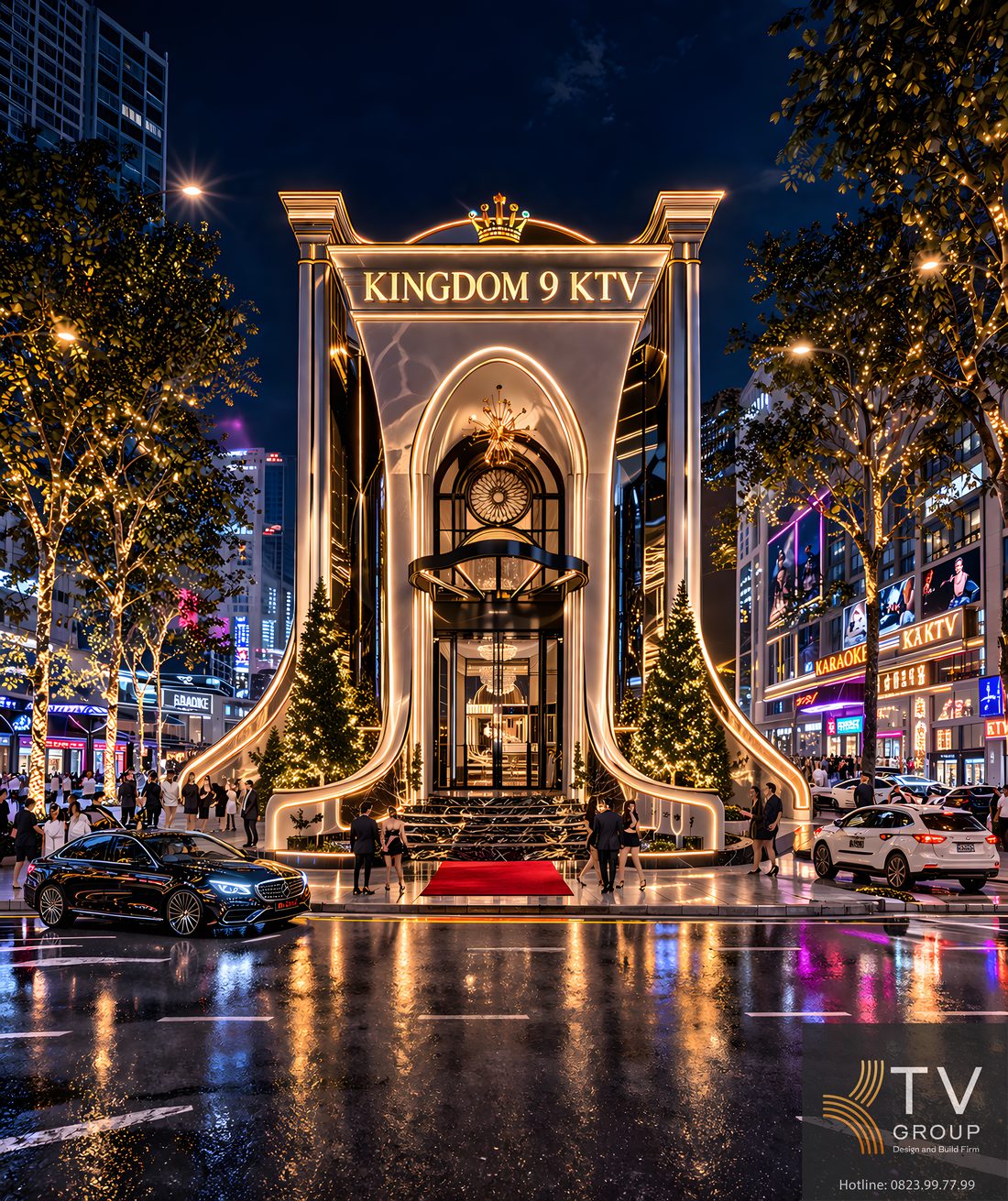 Mặt tiền KINGDOM 9 KTV thiết kế thi công cao cấp với kiến trúc vòm lớn, ánh sáng LED vàng nổi bật và không gian sang trọng, giúp tăng nhận diện thương hiệu và thu hút khách hàng về đêm hiệu quả. 