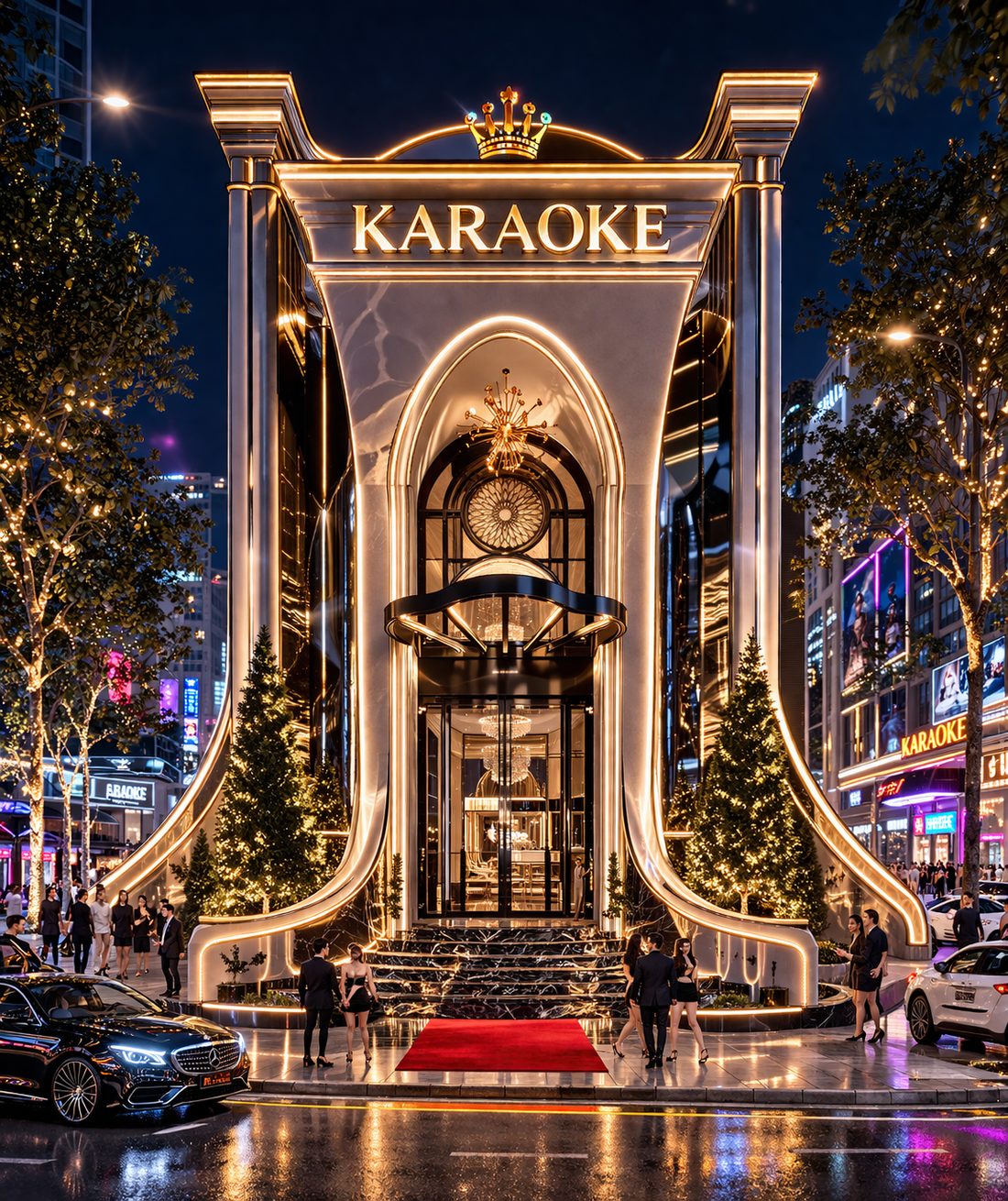 Mặt tiền karaoke H KTV tân cổ điển sang trọng, đèn LED vàng nổi bật, sảnh vòm cao, cửa kính lớn, đá marble cao cấp, thảm đỏ, kiến trúc đẳng cấp thu hút ban đêm, vị trí trung tâm đông khách