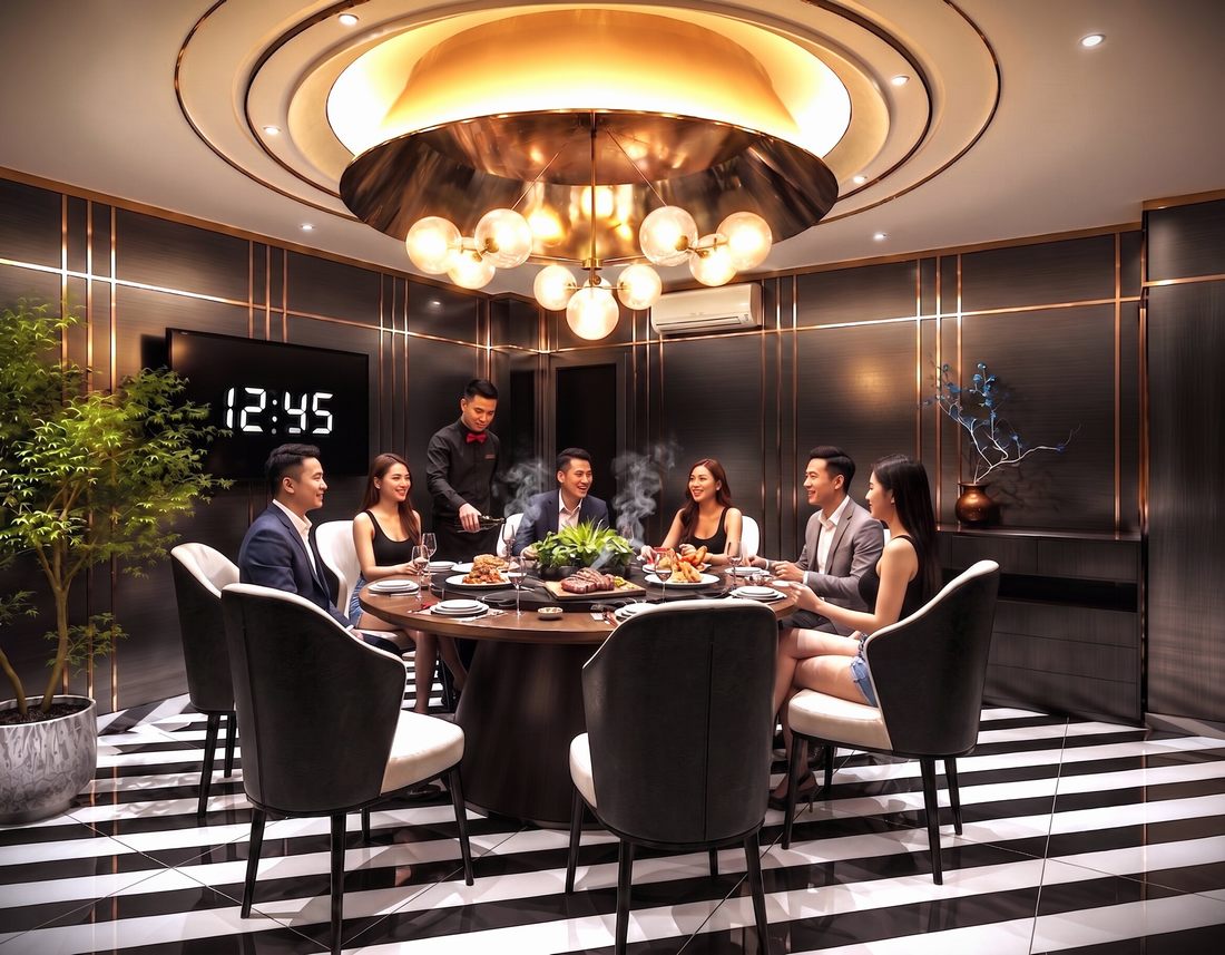 Không gian phòng VIP nhà hàng cao cấp với ánh sáng ấm
