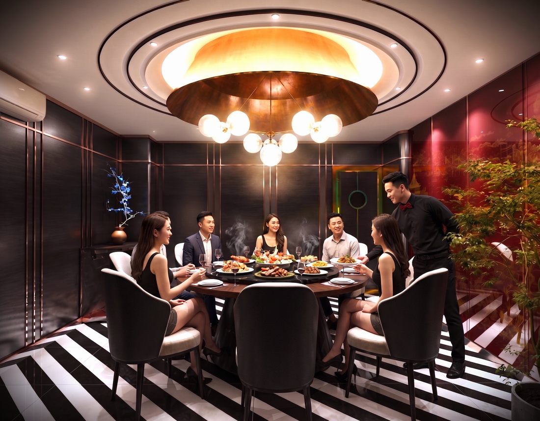 Nội thất phòng VIP nhà hàng với bàn ăn và ghế cao cấp