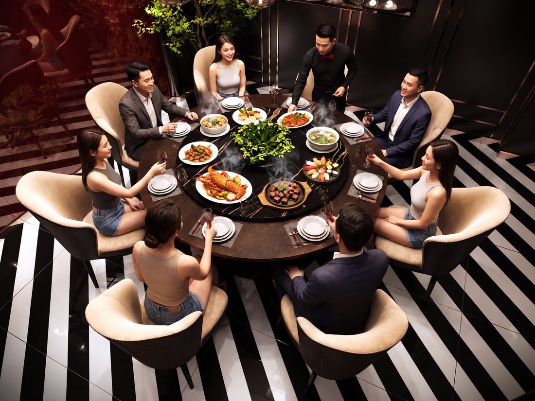 Phòng VIP nhà hàng sử dụng inox đen và chỉ inox vàng hồng