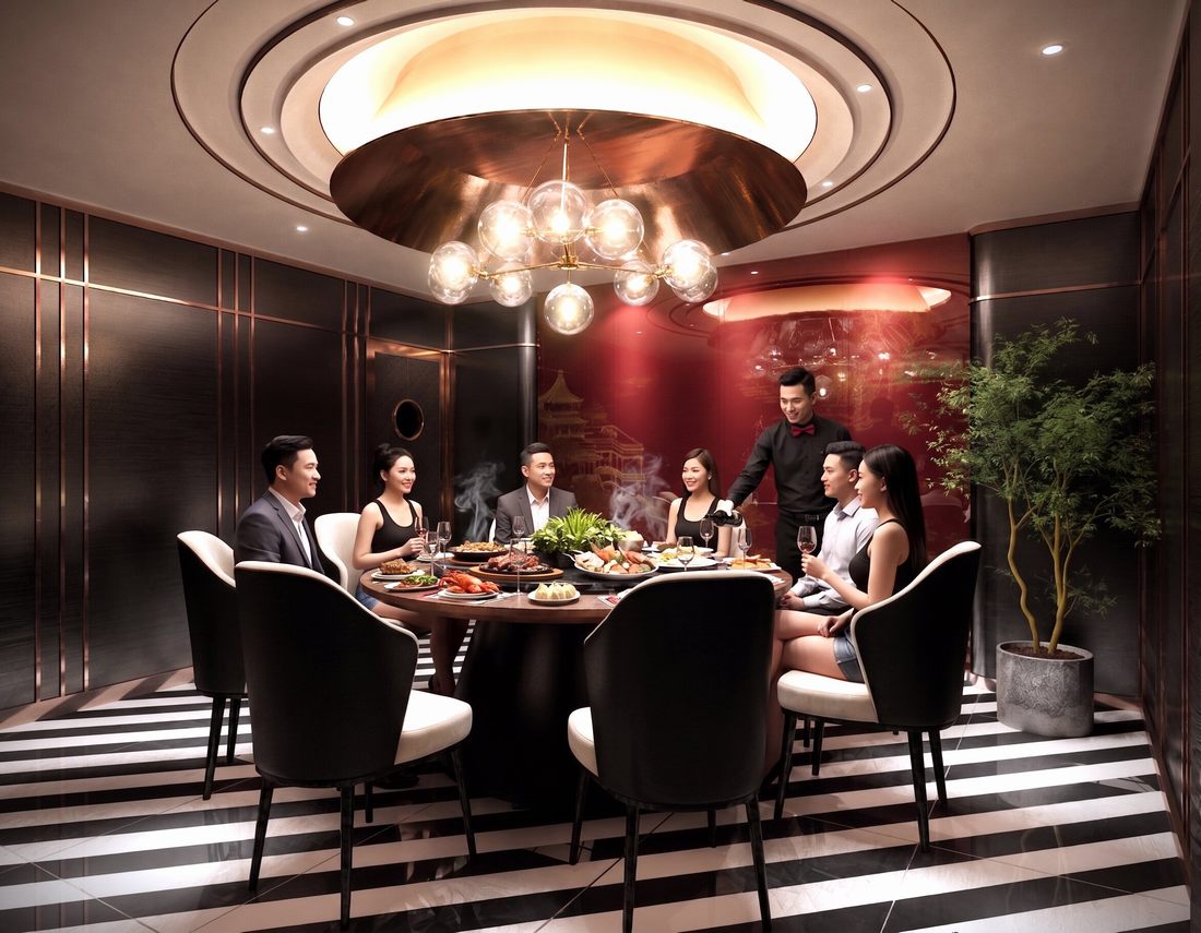 Thiết kế trần phòng VIP nhà hàng với đèn trang trí hiện đại