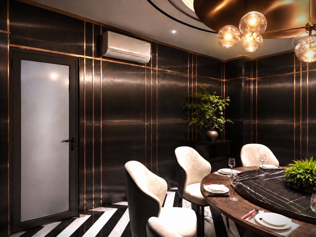 Thiết kế phòng ăn VIP với sàn gạch đen trắng nổi bật