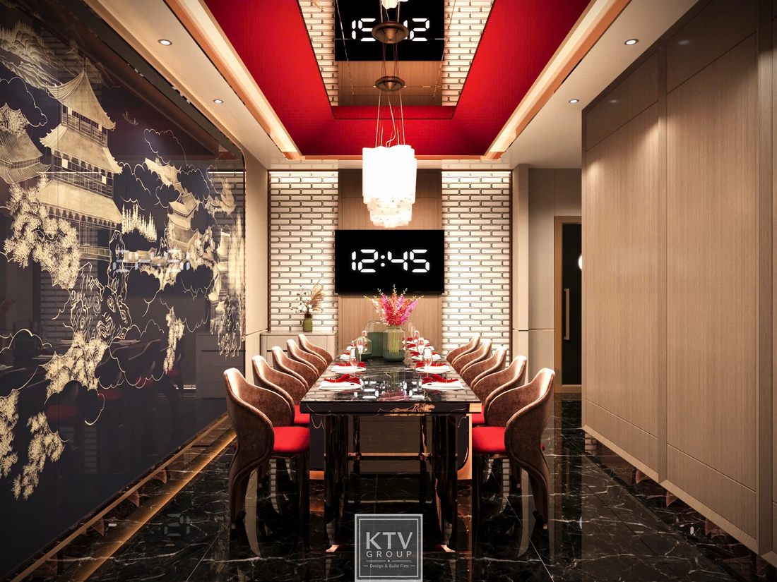 Phối cảnh phòng VIP 05 Viet Pho Restaurant với bàn ăn mặt đá đen, hệ ghế nệm đỏ, vách trang trí nghệ thuật và ánh sáng vàng ấm do KTV GROUP thiết kế