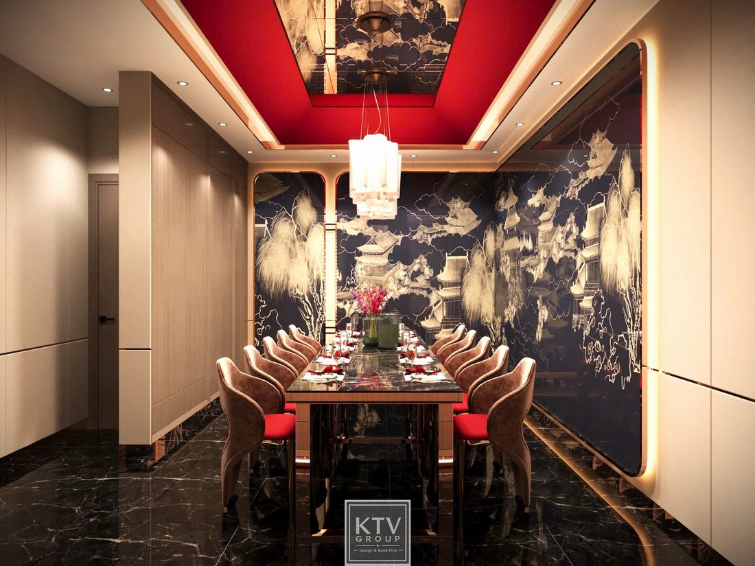 Thiết kế phòng ăn VIP nhà hàng Viet Pho phong cách Modern Luxury kết hợp tranh phong cảnh Á Đông, nội thất gỗ nâu, sàn marble đen và đèn thả nghệ thuật