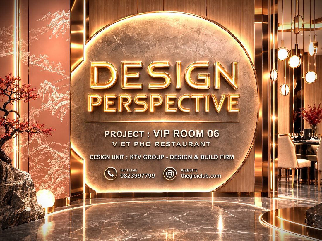 Phối cảnh thiết kế phòng VIP 06 nhà hàng Viet Pho phong cách Modern Luxury với vách trang trí nghệ thuật Á Đông, ánh sáng vàng champagne và nội thất gỗ cao cấp