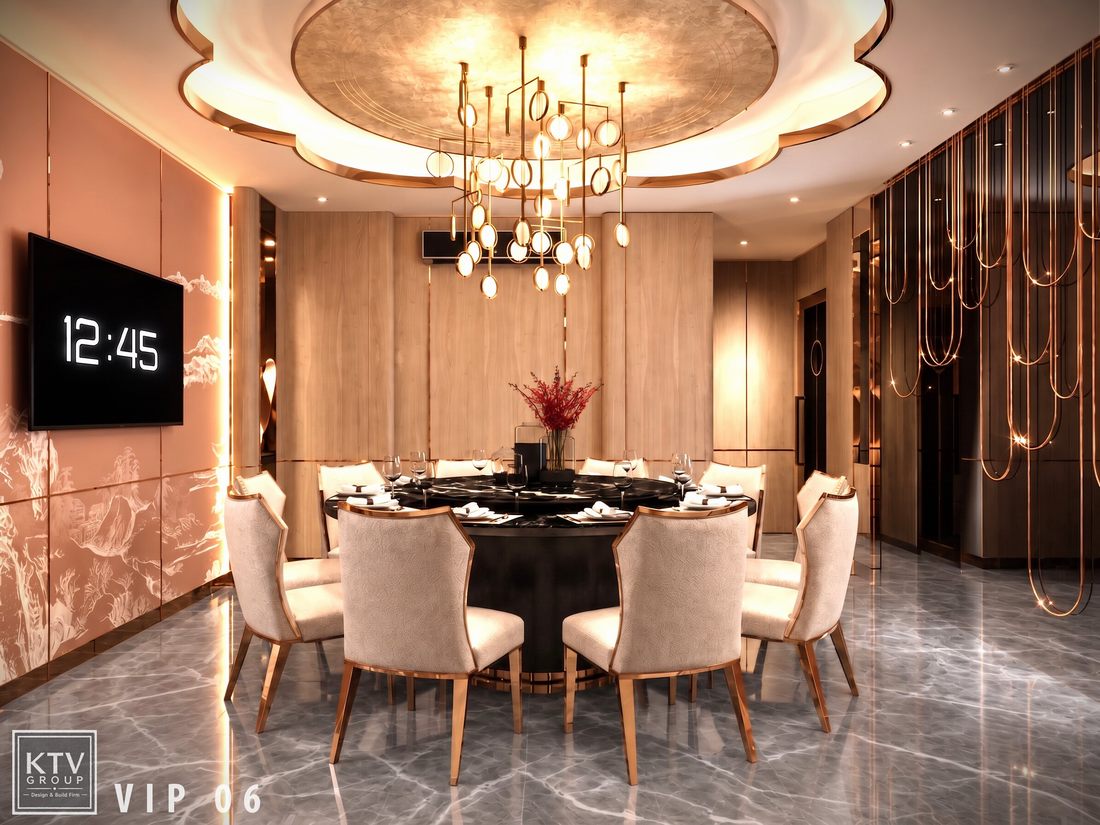 Thiết kế thi công phòng ăn VIP Viet Pho Restaurant với bàn ăn tròn mặt đá đen, ghế bọc nệm cao cấp, trần giật cấp và hệ thống chiếu sáng nghệ thuật