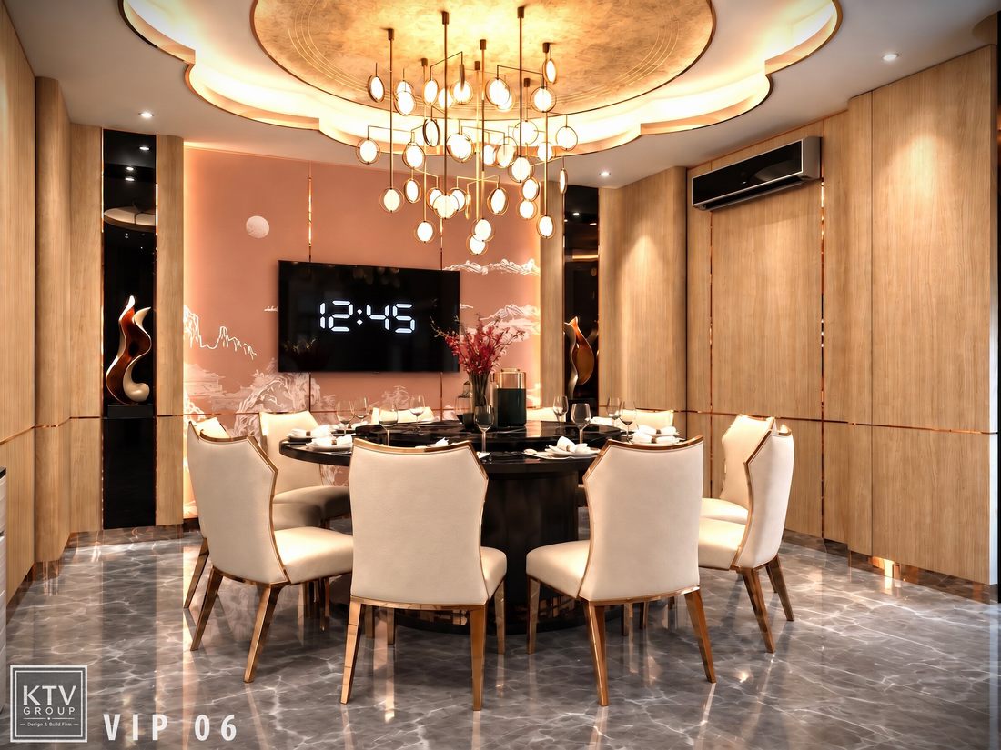 Không gian phòng VIP 06 Viet Pho Restaurant do KTV GROUP thiết kế với nội thất gỗ sang trọng, tranh phong cảnh Á Đông, đèn trang trí hiện đại và sàn đá marble cao cấp tại TP.HCM