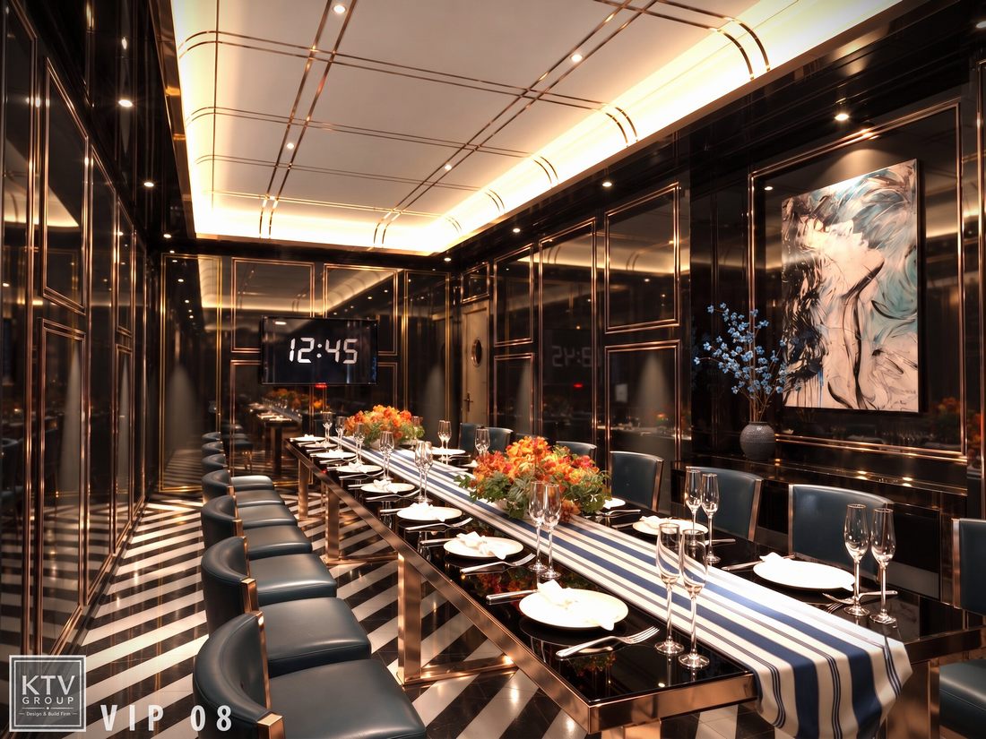 Thiết kế nội thất phòng VIP 08 Viet Pho Restaurant với bàn tiệc dài, ghế xanh navy và vách đen viền vàng sang trọng