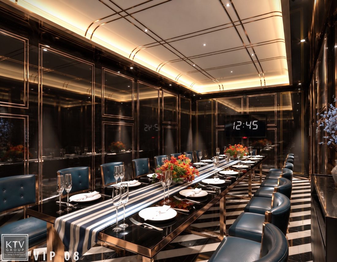 Không gian phòng ăn VIP 08 Viet Pho Restaurant phong cách Modern Luxury với bàn tiệc dài và hệ trần LED ánh sáng vàng