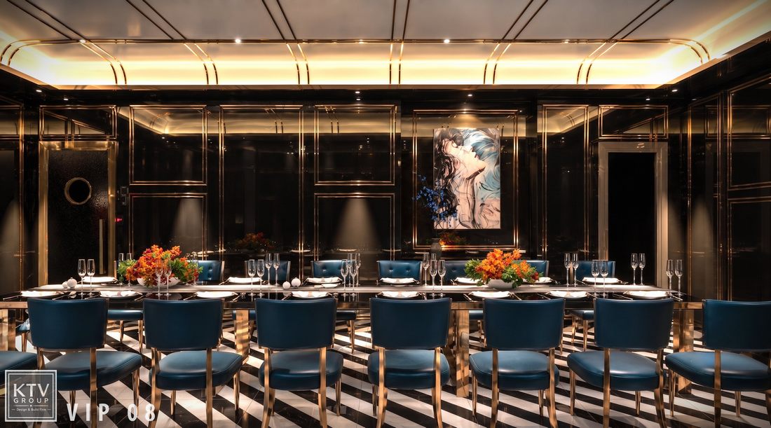 Phối cảnh thiết kế phòng VIP 08 nhà hàng Viet Pho với nội thất đen bóng, ghế bọc nệm xanh navy và sàn đá marble