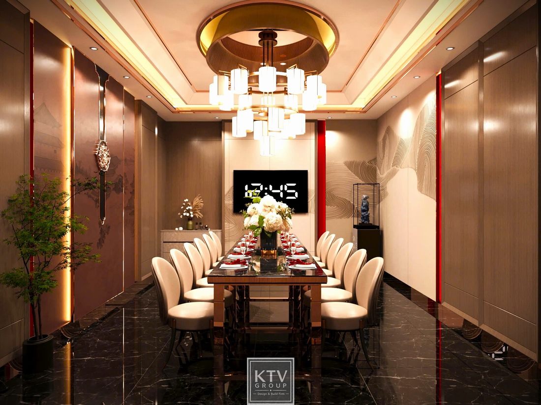 Thiết kế nội thất phòng ăn VIP nhà hàng Viet Pho với bàn ăn sang trọng và vách tranh nghệ thuật