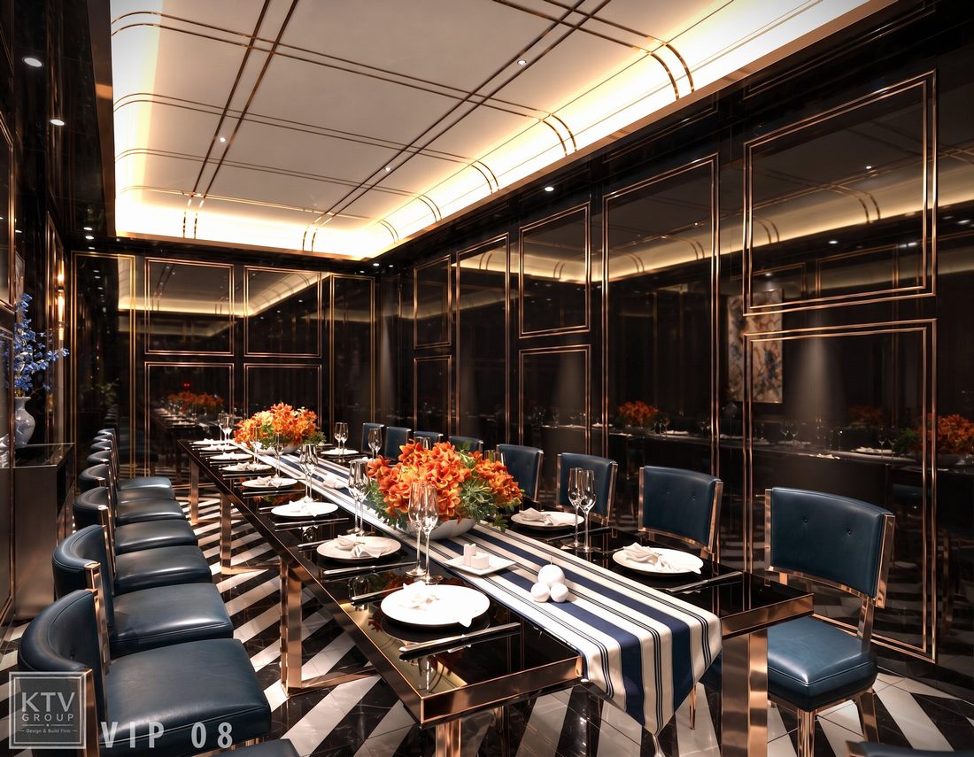 Thiết kế thi công phòng ăn VIP nhà hàng với bàn tiệc dài, hệ vách trang trí kim loại champagne và ánh sáng hiện đại