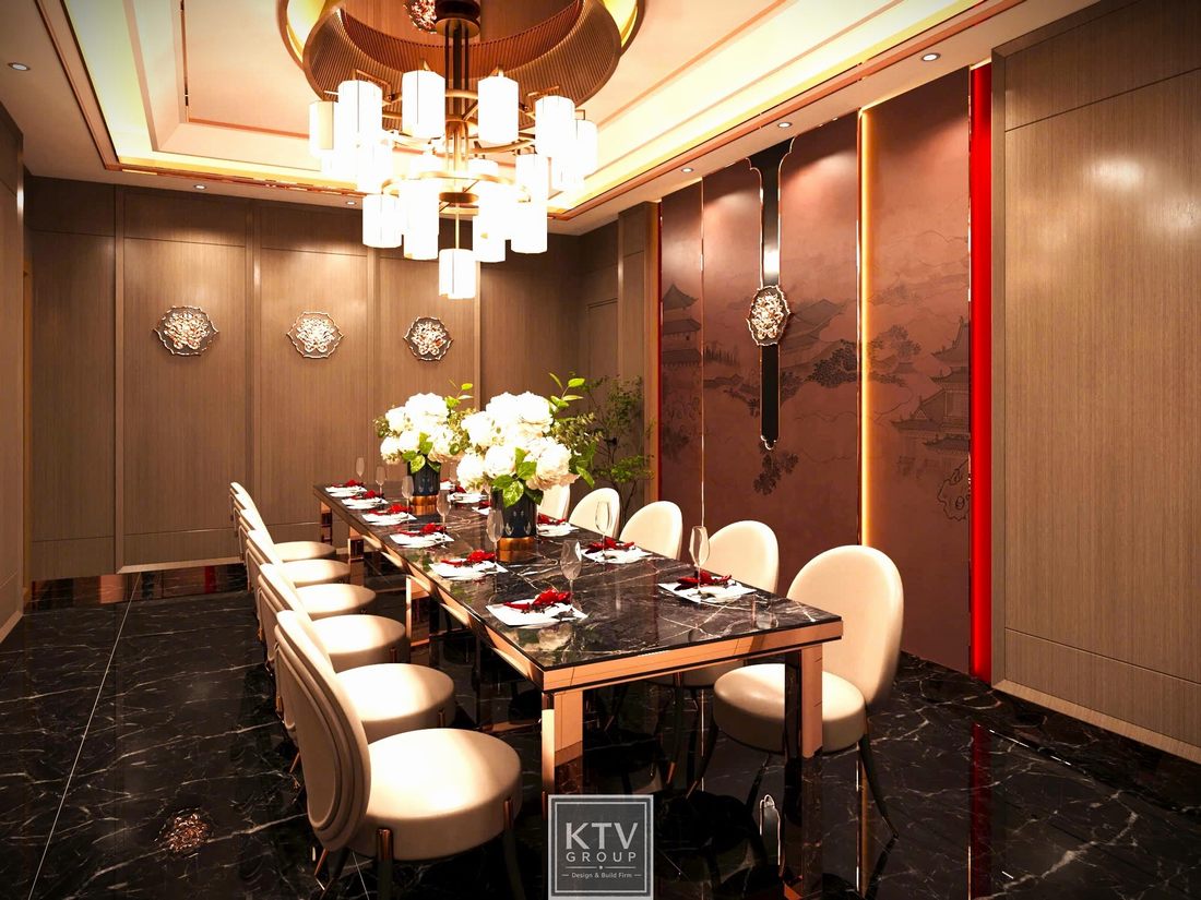 Thi công nội thất phòng VIP nhà hàng với hệ vách trang trí gỗ nâu và chi tiết ánh kim cao cấp