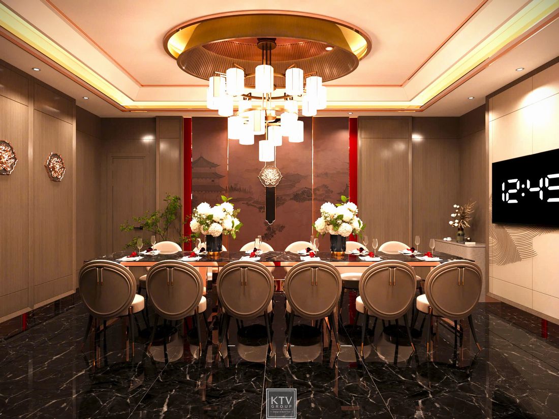 Thiết kế thi công trần phòng VIP Viet Pho Restaurant kết hợp đèn chùm và hệ thống chiếu sáng trang trí