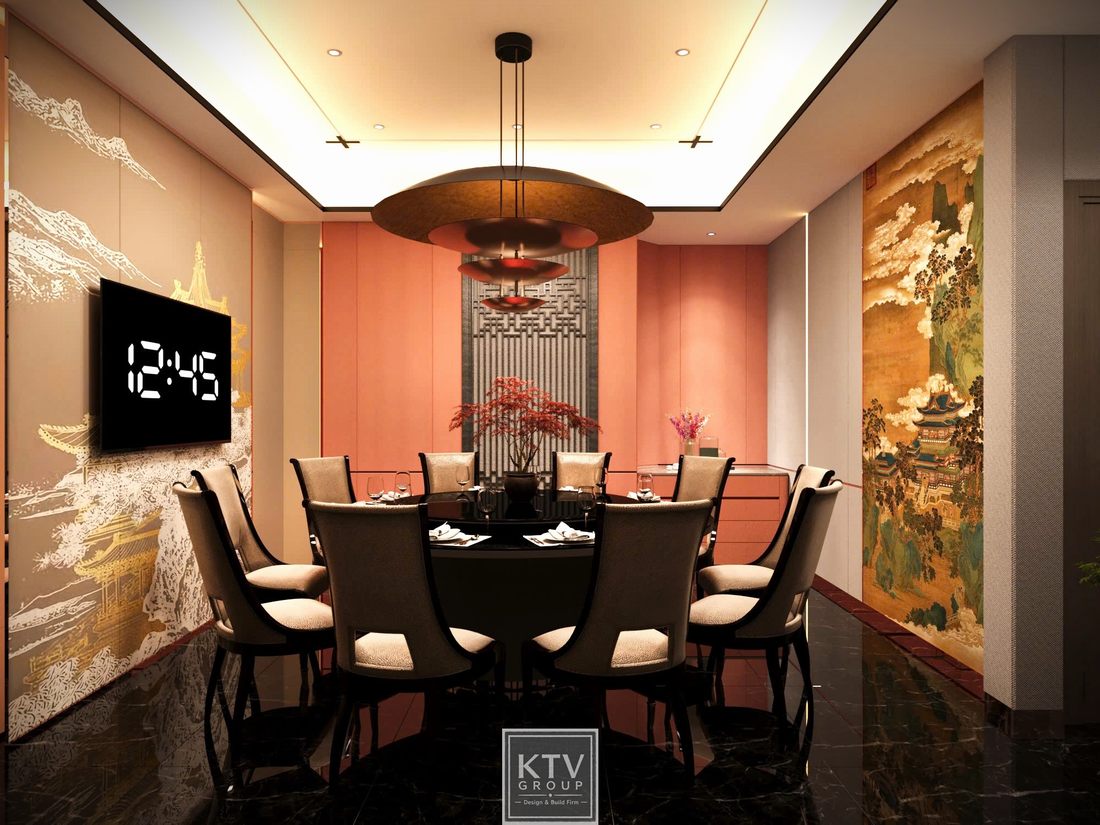 Thiết kế phòng VIP nhà hàng với đèn thả nghệ thuật và nội thất hiện đại