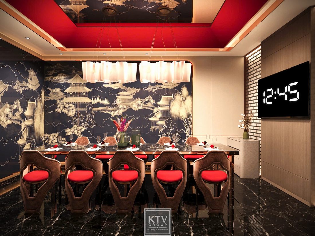 Thiết kế nội thất phòng VIP 05 Viet Pho Restaurant với bàn ăn dài, ghế bọc nệm cao cấp, trần giật cấp màu đỏ và hệ vách tranh phong cảnh Á Đông sang trọng