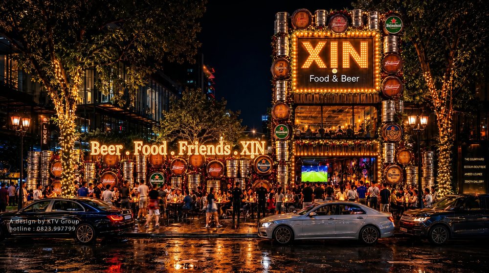 Thiết Kế Thi Công Beer Garden Food Music Đẳng Cấp Thu Hút Khách tại TPHCM với mặt tiền LED nổi bật, decor thùng bia sáng tạo, không gian mở hiện đại và khu vực thưởng thức âm nhạc sôi động. 