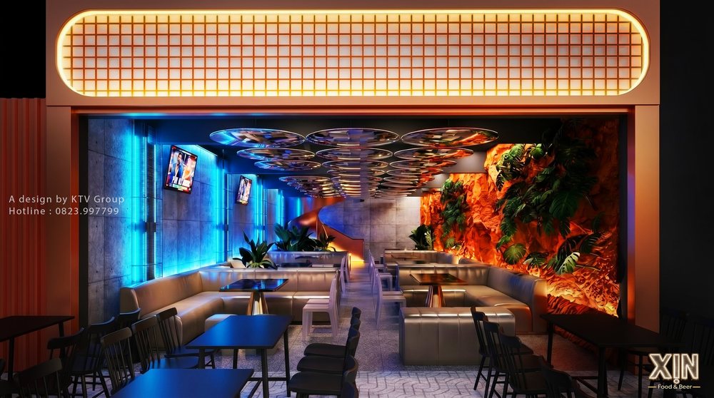 Thiết Kế Thi Công Beer Garden Food Music Đẳng Cấp Thu Hút Khách tại TPHCM với không gian mở hiện đại, ánh sáng LED nghệ thuật, tường cây xanh decor và khu vực thưởng thức ẩm thực phong cách trẻ trung. 