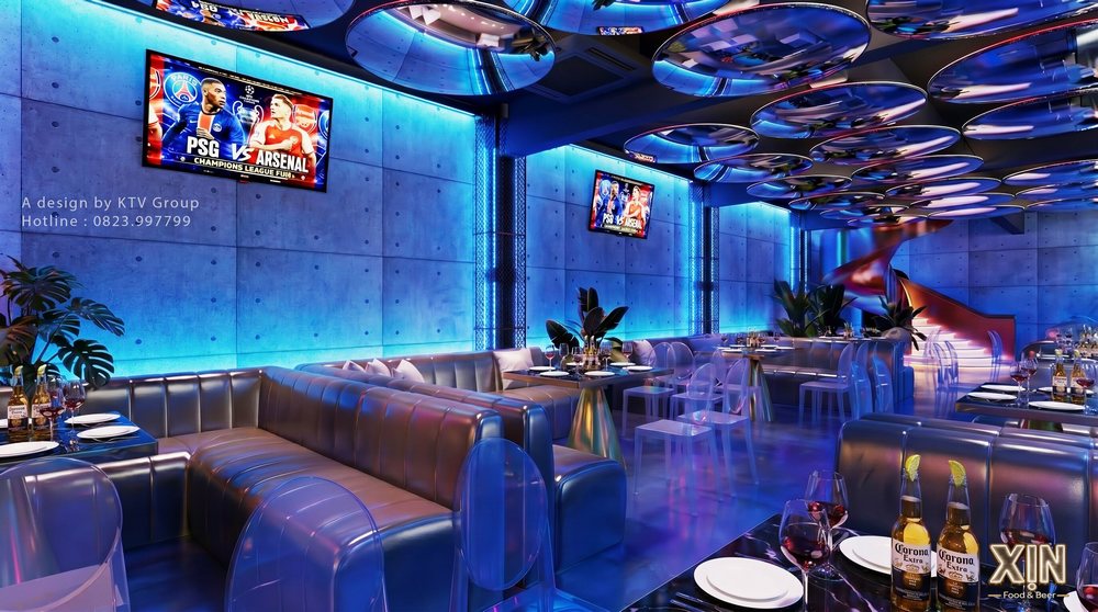 Thiết Kế Thi Công Beer Garden Food Music Đẳng Cấp Thu Hút Khách tại TPHCM với nội thất LED xanh hiện đại, trần gương nghệ thuật, sofa cao cấp, màn hình giải trí và không gian thưởng thức bia, ẩm thực ấn tượng. 