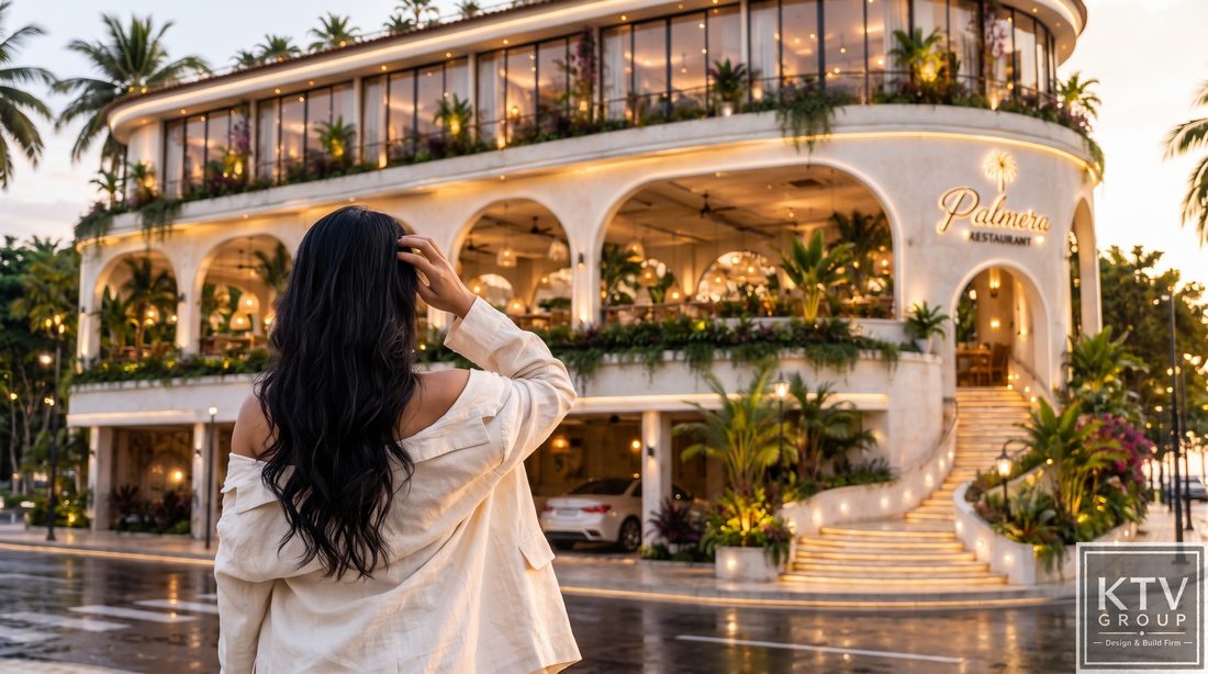 Mẫu thiết kế nhà hàng hiện đại kiến trúc mở sang trọng nhiều cây xanh. Thi công nhà hàng cao cấp với mặt tiền bo cong ấn tượng và hệ đèn LED.