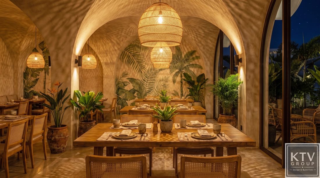 Thiết kế thi công nhà hàng đẹp chuyên nghiệp phong cách Tropical Luxury cao cấp.