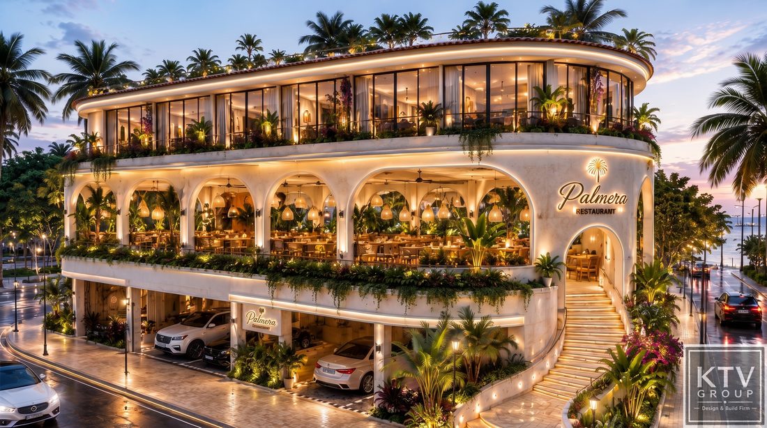 Thiết kế thi công nhà hàng đẹp chuyên nghiệp phong cách Tropical Resort Luxury. Mẫu thiết kế nhà hàng cao cấp mặt tiền kiến trúc bo cong hiện đại sang trọng. Thi công nhà hàng 3 tầng phong cách nghỉ dưỡng kết hợp không gian xanh.