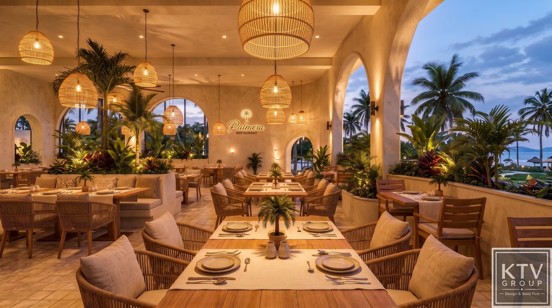 Thiết kế nội thất nhà hàng đẹp chuyên nghiệp phong cách Tropical Luxury cao cấp. Không gian nhà hàng sang trọng với đèn mây tre và nội thất gỗ tự nhiên. Mẫu thiết kế nhà hàng resort hiện đại kết hợp cây xanh và kiến trúc mở.