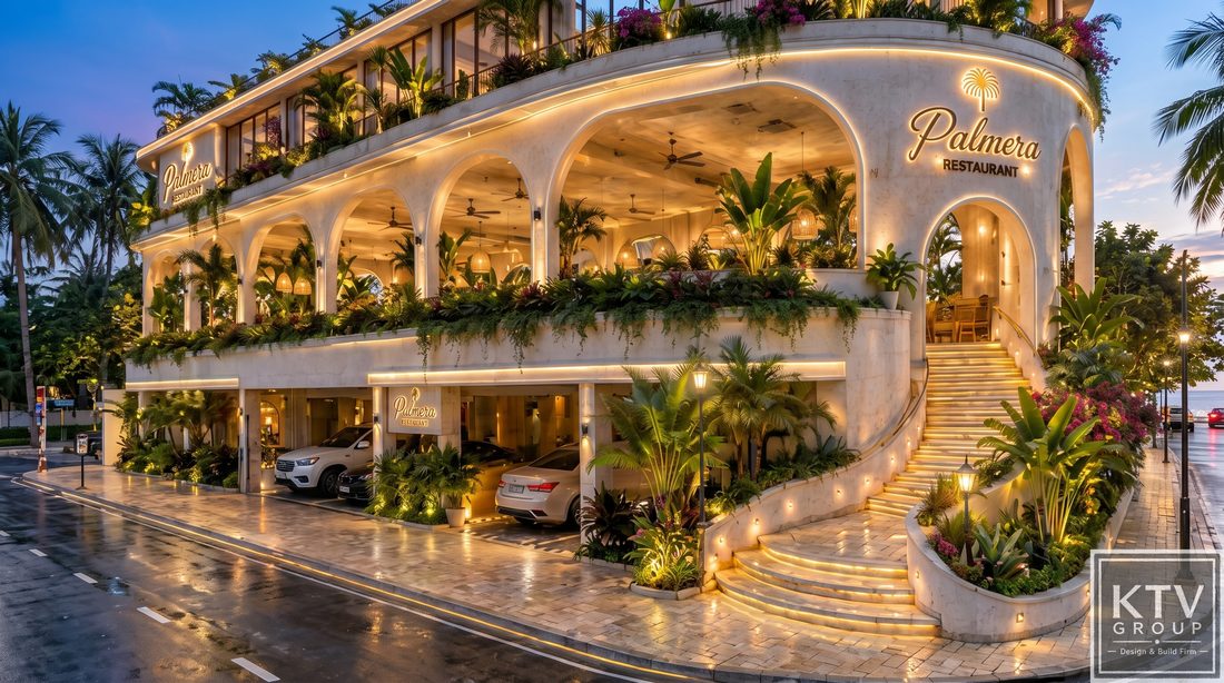 Thi công nhà hàng cao cấp với cửa vòm lớn và không gian ngập tràn ánh sáng. Thiết kế nhà hàng ven biển phong cách nghỉ dưỡng tối ưu trải nghiệm thực khách. Nội thất nhà hàng Tropical Resort sử dụng vật liệu tự nhiên và ánh sáng ấm.