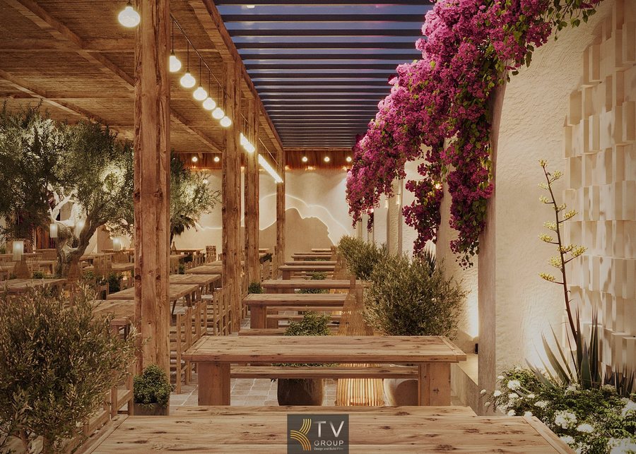 Beer Garden Nha Trang phong cách Địa Trung Hải Rustic. Gỗ, hoa giấy, vòm, ánh sáng Neon. 17	Tổng thể	Thiết kế nhà hàng Beer Garden lớn. Ngoại thất ấn tượng, nội thất mộc mạc, Tropical. 