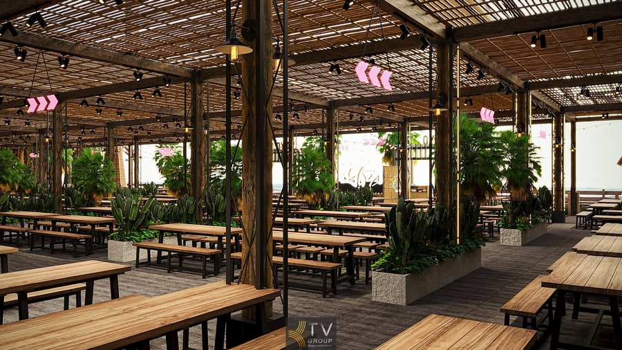 Nhà hàng phong cách mở với mái tre thoáng sáng, kết hợp hệ thống chiếu sáng nghệ thuật và cây xanh tạo không gian ăn uống lý tưởng. 