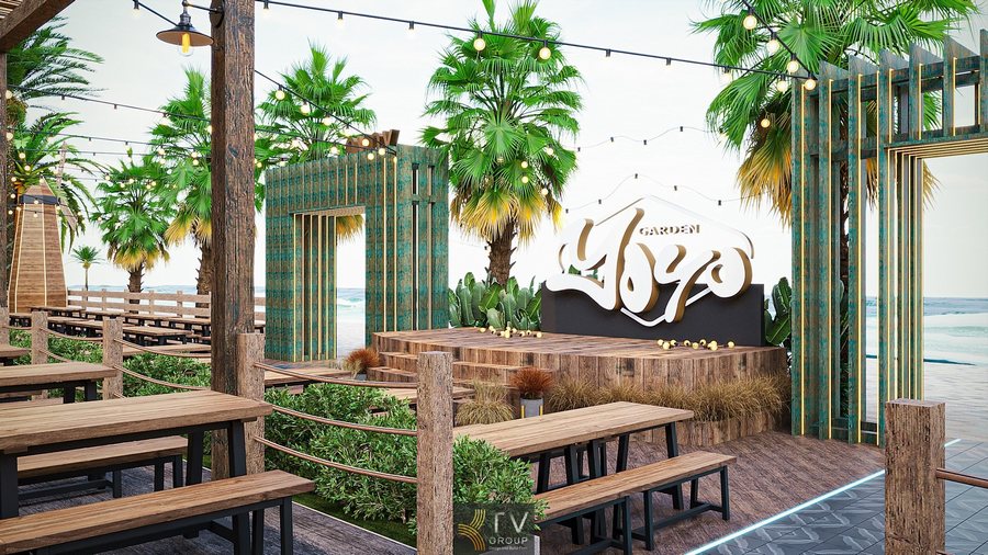 Kiến trúc nhà hàng sân vườn dùng cột gỗ và mái tre, bàn ghế dài bố trí đồng bộ, tối ưu diện tích phục vụ nhưng vẫn giữ sự thoáng đãng. 