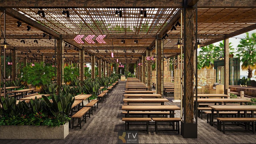 Nhà hàng sân vườn phong cách mở dùng tre nứa làm mái che, tạo nên không khí mộc mạc nhưng vẫn nổi bật giữa thiên nhiên. 