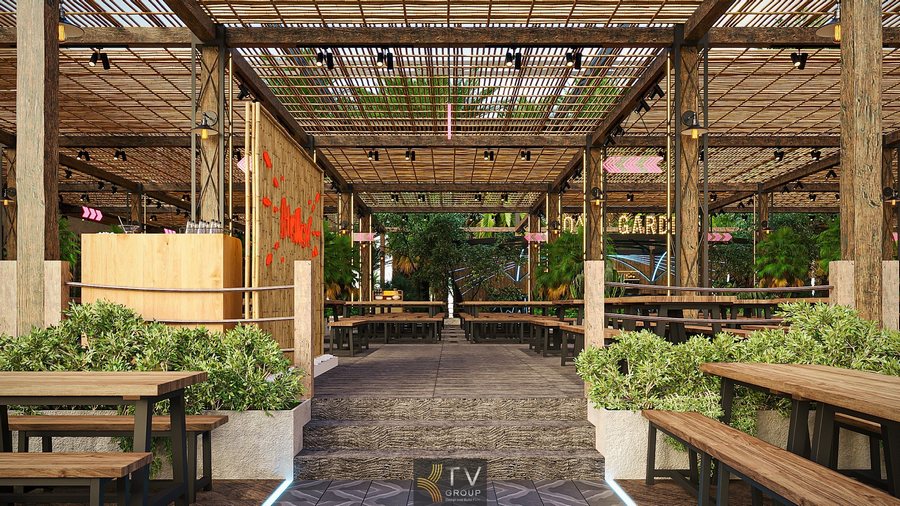 Thiết kế Garden mở giúp ánh sáng tự nhiên lan tỏa, kết hợp đèn trang trí mang lại cảm giác ấm cúng cho không gian ăn uống.  Toàn bộ kết cấu gỗ – tre của nhà hàng mang phong cách rustic hiện đại, hòa hợp hoàn toàn với cảnh quan xanh mát xung quanh. 